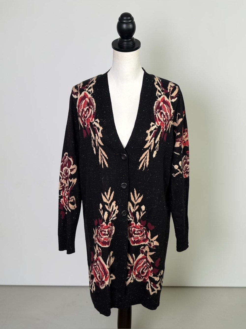 J.Jill Botanical Gardens Floral Long Cardigan Sweater S Black Knit Topper